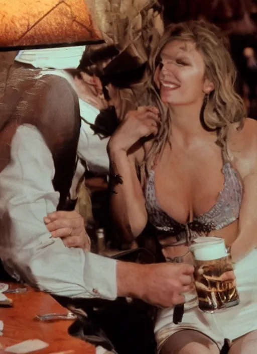 Prompt: a close - up, color cinema film still of a johnny cash talking to a beautiful hooters woman drinking whiskey at a hooters, ambient lighting at night.