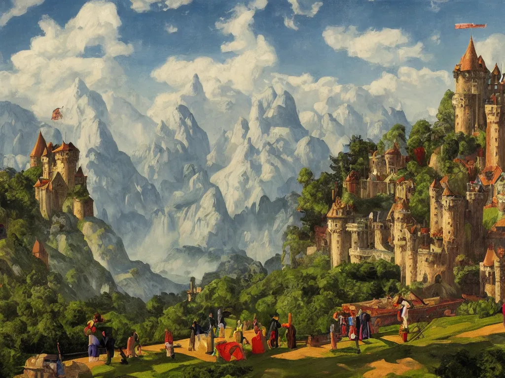 Image similar to highly detailed castle and surrounding village, panorama, thunderstorm, foliage, knights, people by Edward Hopper, David Hardy and Ernst Haeckel