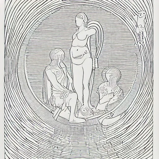 Prompt: digital art, coloring - in sheet by josef albers harrowing. the sculpture shows venus seated on a crescent moon. she is surrounded by the goddesses ceres & bacchus, who are both holding cornucopias.