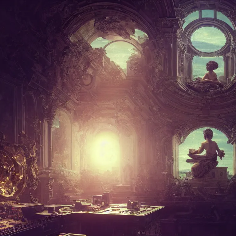 Image similar to motherboard, chip circuit, computer, dream - like atmosphere, baroque landscape painting, perfect composition, beautiful detailed intricate insanely detailed octane render trending on artstation, 8 k artistic photography, photorealistic, soft natural volumetric cinematic perfect light, chiaroscuro, award - winning photograph, masterpiece, raphael, caravaggio, greg rutkowski, beeple