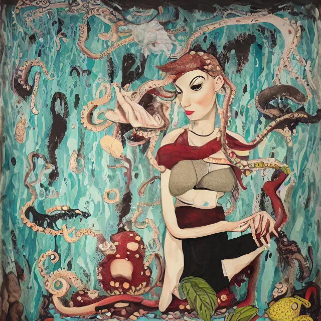 Prompt: tall female emo artist holding an octopus in a flooded cafe, octopus, water gushing from ceiling, painting of flood waters inside a cafe, a river flooding indoors, pomegranates, pigs, ikebana, water, octopus, river, rapids, waterfall, black swans, canoe, berries, acrylic on canvas, surrealist, by francesco clemente