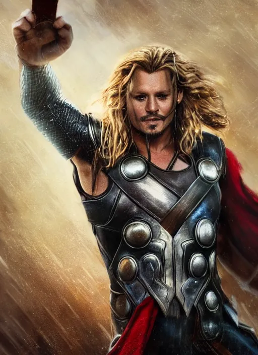 Image similar to johnny depp as thor wielding mjolnir, naturel, hyper detailed, digital art, trending in artstation, cinematic lighting, studio quality, smooth render, unreal engine 5 rendered, octane rendered, art style by klimt and nixeu and ian sprigger and wlop and krenz cushart