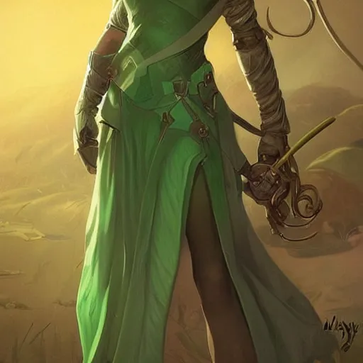 Image similar to a woman in a green dress holding a magic staff,character portrait by Magali Villeneuve,featured on polycount, fantasy art, concept art, d&d,detailed!!!!!