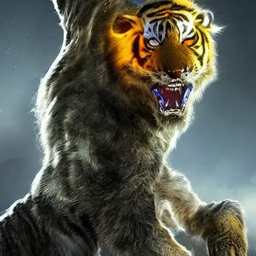 Image similar to full body still of a humanoid with tiger-like features, yellow eyes, teeth that protrude past the lower lip and fine grayish fur on their faces and backs of their hands wearing futuristic alien armor and carrying weapons, octane,