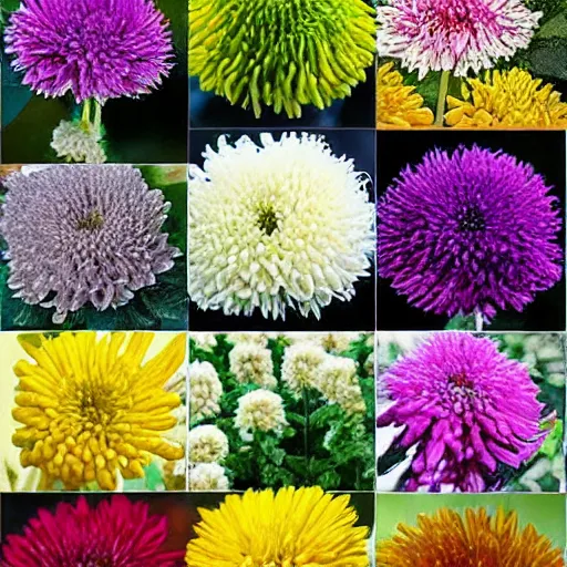 Prompt: seed catalog of a new variety of chrysanthemum for the asian markets. colors of autumn. unique textures and patterns.