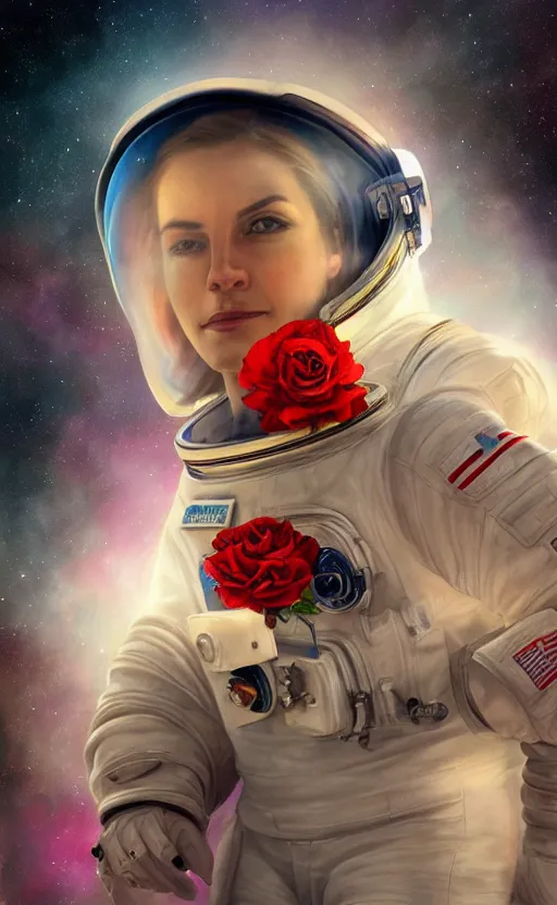 Prompt: astronaut in space with a rose flower crown, sharp focus, intricate, elegant, digital painting, artstation, matte, highly detailed, concept art, illustration, volumetric lighting, bokeh light, art by greg olsen and liz lemon swindle