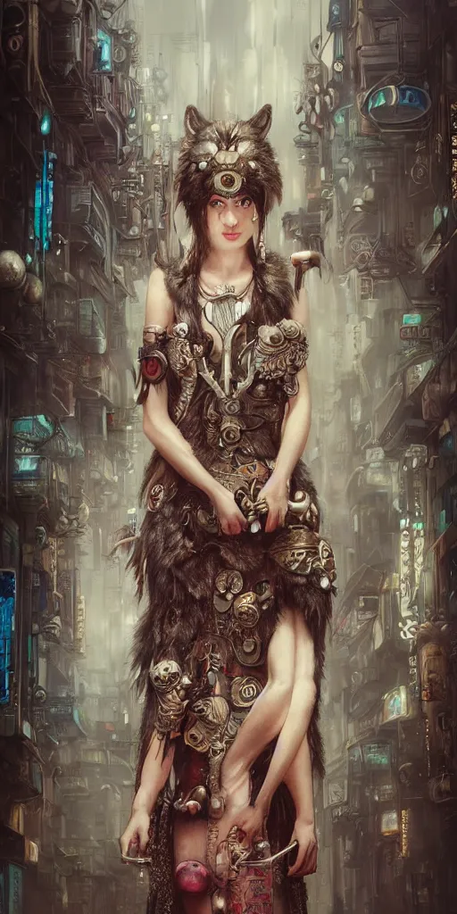 Prompt: hyper realistic Princess Mononoke, ornate mask, wet market street, cyberpunk metropolis, city landscape, jewels, full body pose, wolves, style of tom bagshaw, mucha, james gurney, norman rockwell, denoised, sharp