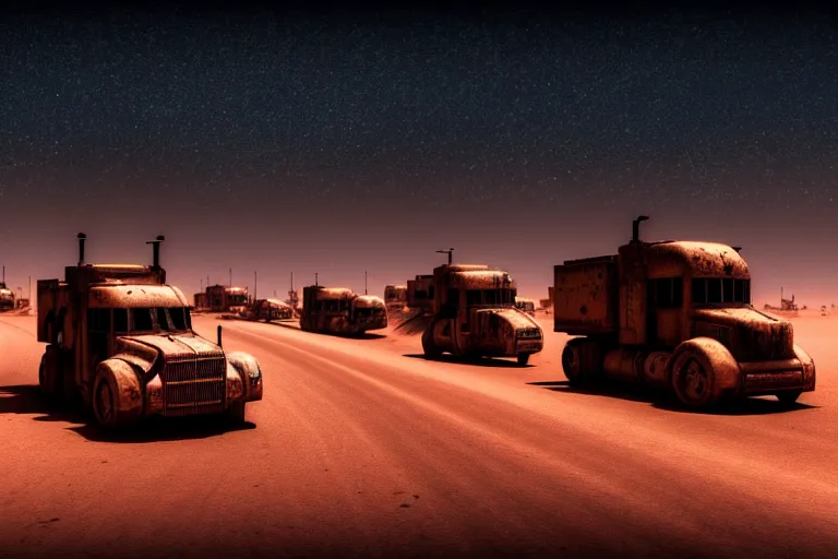 Prompt: photo of a convoy of cyberpunk vehicles moving through a star lit desert, dystopian, grimy, rusted