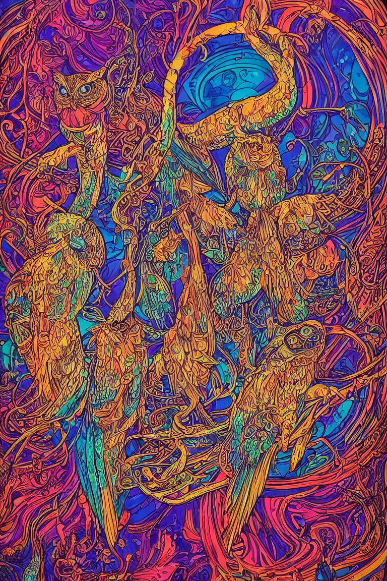 Image similar to beautiful colorful hyperrealist highly detailed psychedelic music poster'ladies and gentleman the electric owls live at the fillmore ', psychedelic art nouveau, beautiful high contrast colored wood engraving, moebius comic style, shocking detail trending on artstation 8 k