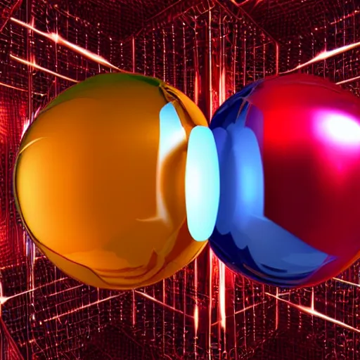 Prompt: chrome spheres on a red cube, false color