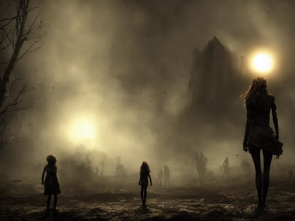 Prompt: The girl and the sun, ghouls swarming in the background, low angle, dark and mysterious, stopped in time, atmospheric, ominous, eerie, cinematic, Epic, 8k, 4k, ultra detail, ultra realistic, rendered