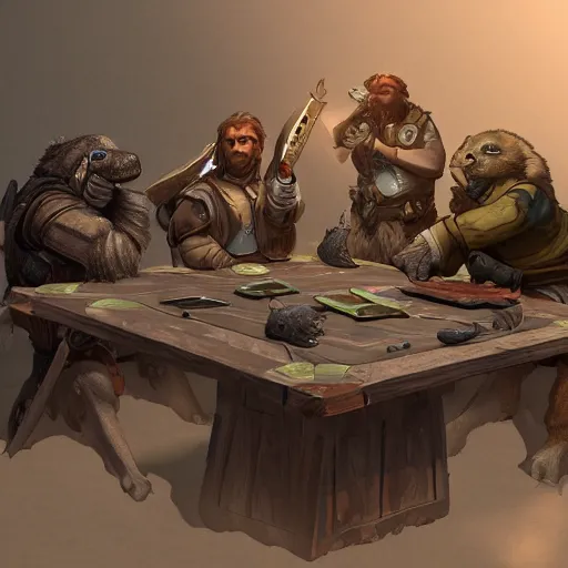 Image similar to a group of seals sitting around a table, playing dnd, cinematic lighting, trending on artstation, focused, detailed
