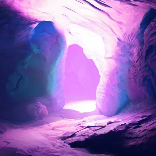 Prompt: A cave with new life coming out of it, vivid colors, artstation, negative space, bioluminescent, sharp focus