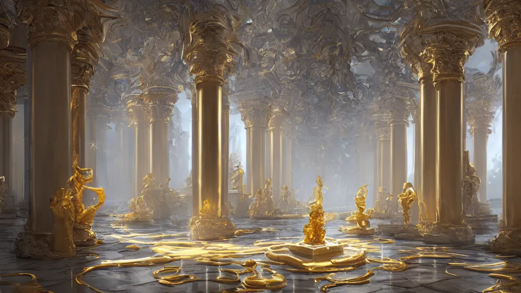 Prompt: glowing golden statues, in an ncient temple in ruins, impeccably clean white marble columns,, by sylvain sarrailh, rossdraws, ambient light, ultra detailed, fantasy artwork, 8 k, volumetric lighting, trending on artstation, award winning, very beautiful.