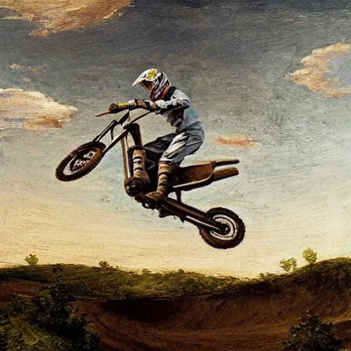 Prompt: motocross rider on dirt jump, renaissance painting