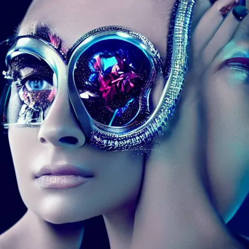 Image similar to portrait of a beautiful futuristic woman layered with high-tech jewelry wrapping around her face and head, 2067