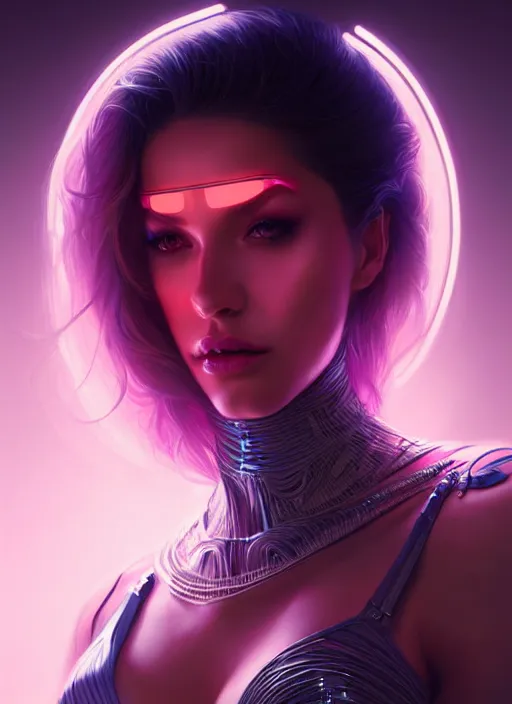 Prompt: portrait of female humanoid, intricate, elegant, cyberneon lights, highly detailed, digital painting, artstation, glamor pose, concept art, smooth, sharp focus, art by artgerm and greg rutkowski