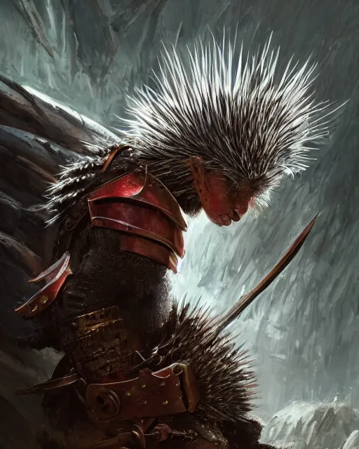 Image similar to Porcupine warrior in armor, portrait, woodlands, magic the gathering artwork, D&D, fantasy, cinematic lighting, centered, symmetrical, highly detailed, digital painting, artstation, concept art, smooth, sharp focus, illustration, volumetric lighting, epic Composition, 8k, art by Akihiko Yoshida and Greg Rutkowski and Craig Mullins, oil painting, cgsociety