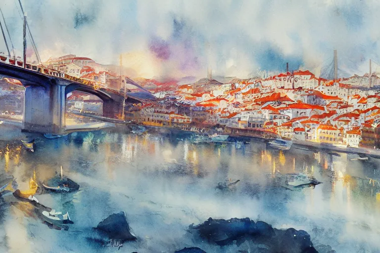 Image similar to small centered on watercolor paper, paint brush strokes, abstract watercolor painting of porto, bridge, cinematic light, national romanticism by hans dahl, by jesper ejsing, by anders zorn, by greg rutkowski, by greg manchess, by tyler edlin
