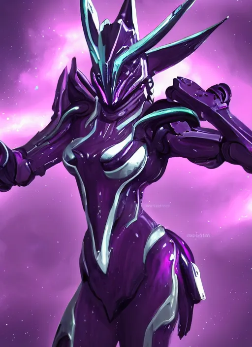 Image similar to cinematic bust shot, cosmic sized perfectly proportioned stunning beautiful hot female warframe, detailed mecha female dragon head, metal ears purple eyes, sleek silver armor, fuschia skin, floating in empty space, nebula sized, posing elegantly, epic proportions, epic size, epic scale, furry art, dragon art, giantess art, warframe fanart, furaffinity, deviantart