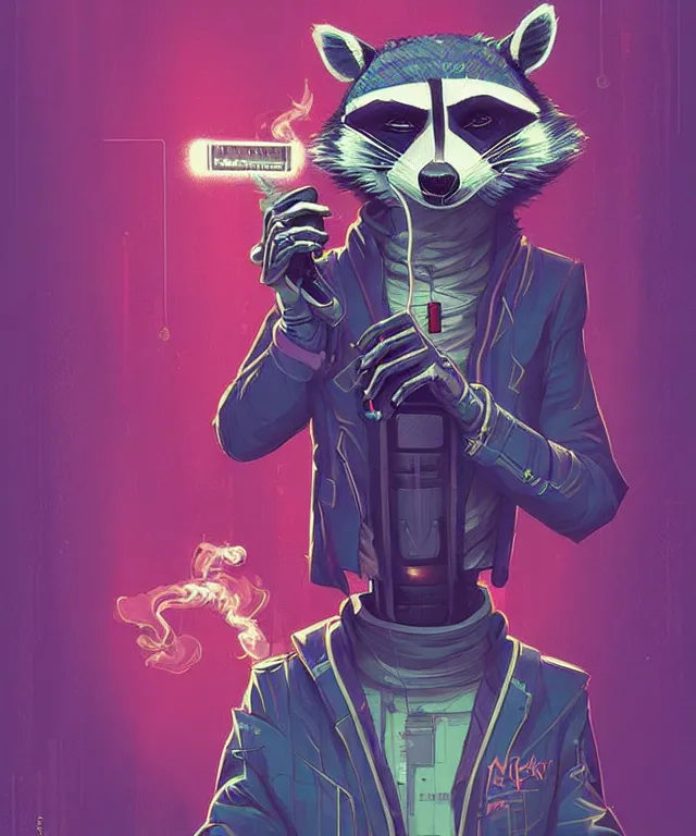 Image similar to a portrait of an anthropomorphic cyberpunk raccoon smoking a cigar, cyberpunk!, fantasy, elegant, digital painting, artstation, concept art, matte, sharp focus, illustration, art by josan gonzalez