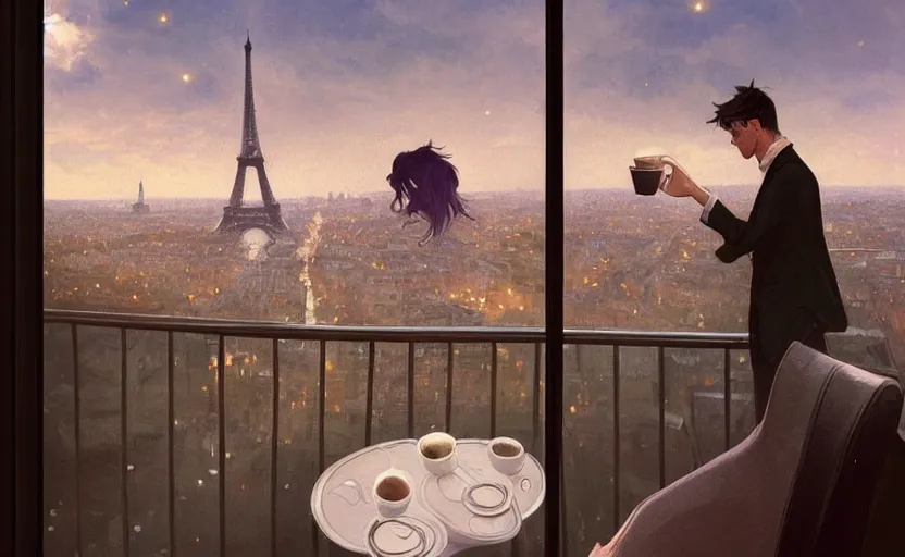 Prompt: elegant man drinking coffee at balcony in france, city with eiffel tower seen behind, moody sunset, late night, detailed characters, by greg rutkowski, alphonse mucha, beeple, sharp focus, digital art, smooth, light refraction, pixiv art, volumetric lighting, makoto shinkai