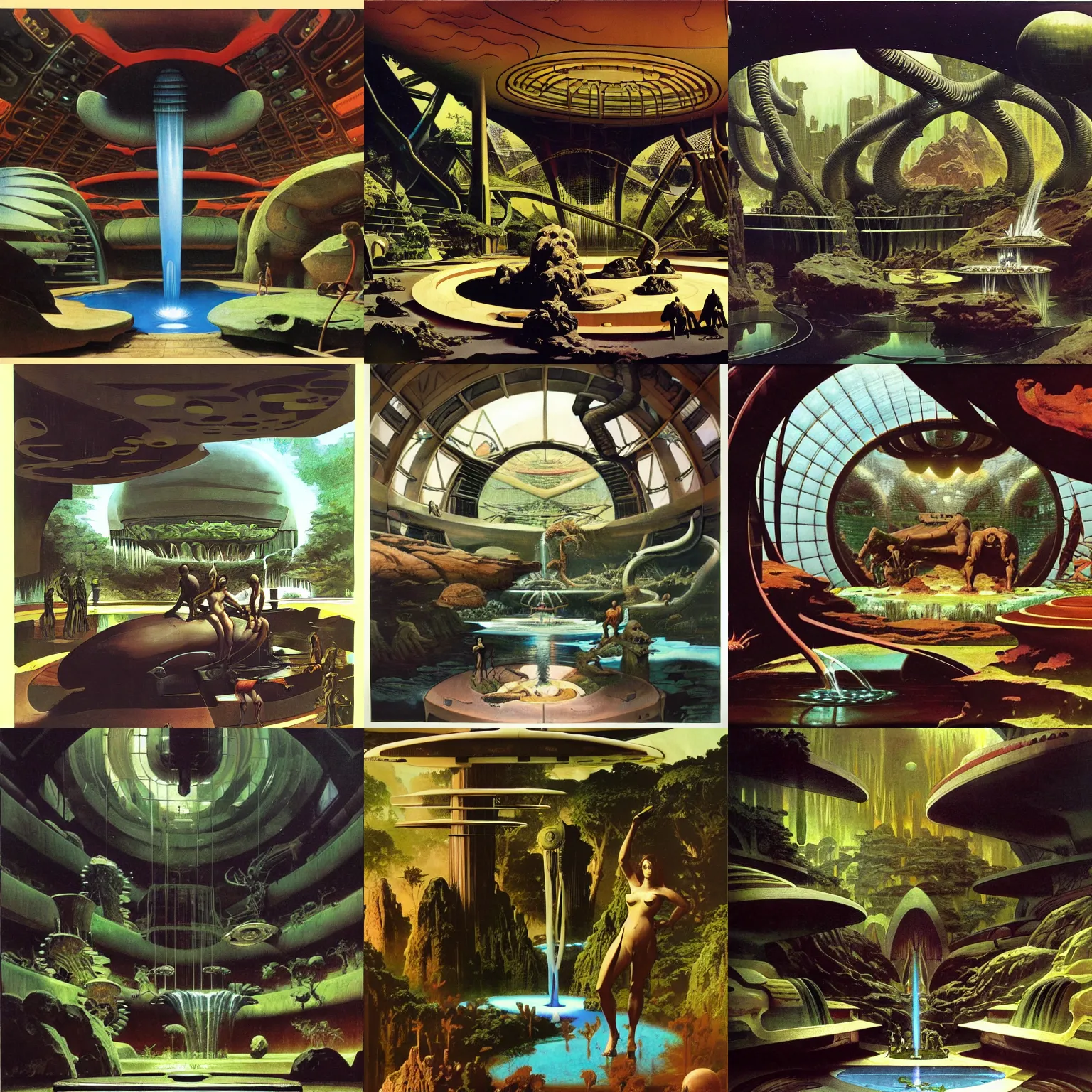 Prompt: interior view asimov arcology fauna fountain by syd mead, frank frazetta, ken kelly, simon bisley, richard corben, william - adolphe bouguereau