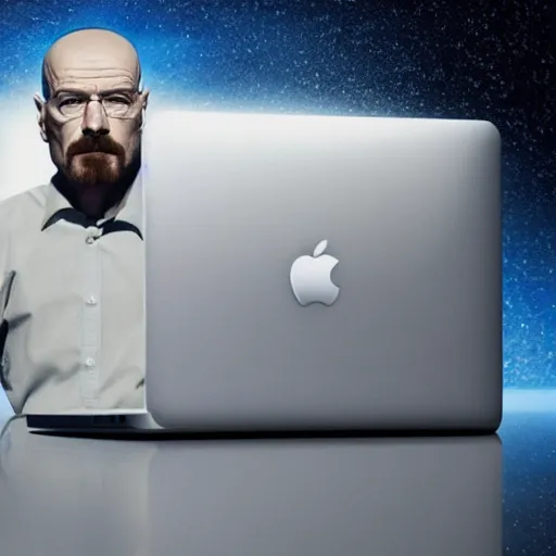 Image similar to walter white presenting the new macbook pro, photorealistic, highly detailed, sharp focus, 4 k, movie still