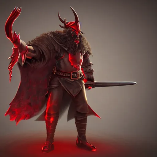 Prompt: dnd render of a man, red, a big black beard, golden eyes, 2 curved horns, one broken horn,