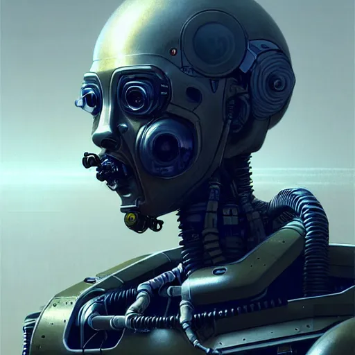 Prompt: detailed character concept art portrait of a detailed and hi - tech diesel punk robot ’ s face, depth of field background, artstation, award - winning realistic sci - fi concept art by greg rutkowski and yoshitaka amano, in the style of james gurney, flat pop color surrealist illustration.