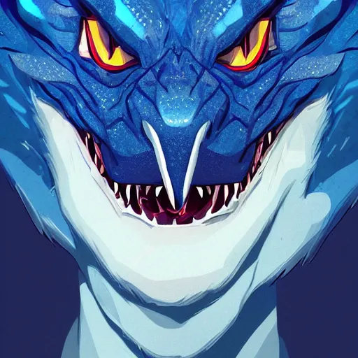 Image similar to portrait of an antropomorphic raptor creature, reptile face, dark blue scales, angry look, ready for battle, mattepainting concept blizzard pixar maya engine on cold night stylized background splash comics global illumination lighting artstation lois van baarle, ilya kuvshinov, rossdraws