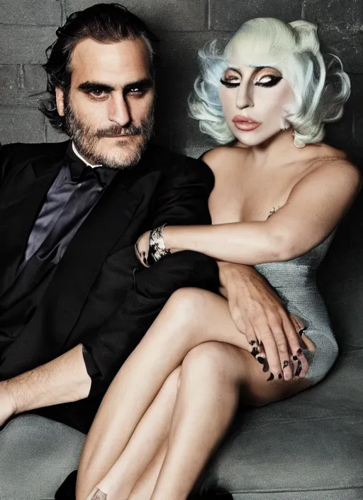 Image similar to lady gaga and joaquin phoenix styled by nick knight posing, full body shot, set pieces, intricate set, vogue magazine, canon, highly realistic. high resolution. highly detailed. dramatic. 8 k. 4 k.