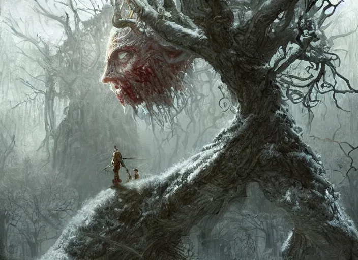 Image similar to a young guard hiding on a tree as another guard is slaughtered by a frost zombie beneath the tree, cinematic fantasy painting, dynamic, game of thrones, jessica rossier and brian froud and marc simonetti