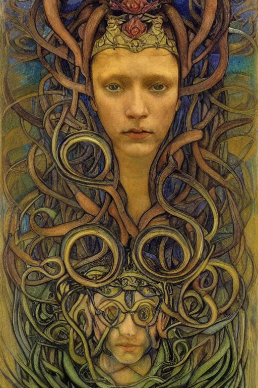 Image similar to the tentacle crown,by Annie Swynnerton and Diego Rivera and Elihu Vedder, symbolist, dramatic lighting, elaborate geometric ornament, Art Brut, bioluminescent, soft blues and greens,smooth, sharp focus, extremely detailed, Adolf Wölfli