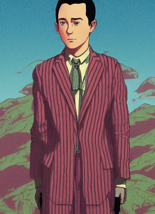 Prompt: artwork by Michael Whelan, Bob Larkin and Tomer Hanuka, of portrait of Joseph Gordon-Levitt wearing a 1920s red striped outfit, from scene from Twin Peaks, simple illustration, domestic, nostalgic, from scene from Twin Peaks, clean, full of details, by Makoto Shinkai and thomas kinkade, Matte painting, trending on artstation and unreal engine