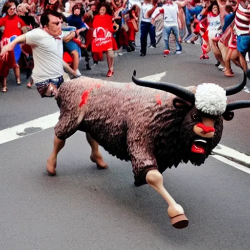 Image similar to giant screaming bob ross running from the bulls in pamplona spain