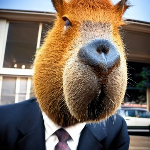 Image similar to capybara head, a man wearing a suit capybara head