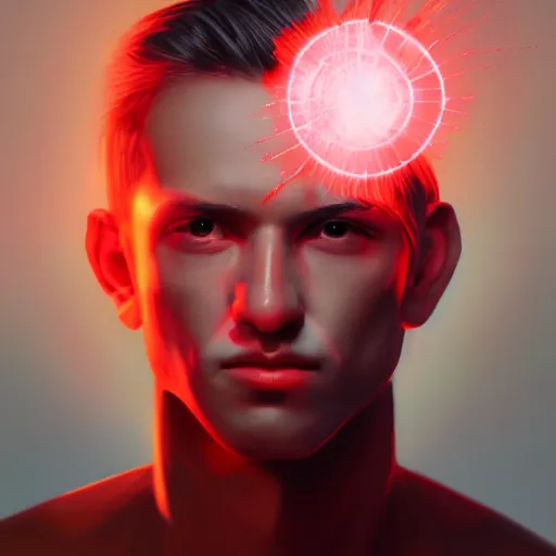 Prompt: painting portrait of a man shooting massive vibrant red light beams from his eyes, matte painting, close up, masterpiece, high details, clear white eyes, by Caravaggio, trending on ArtStation