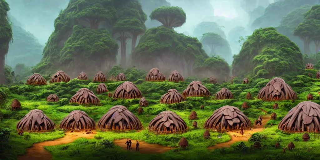 Image similar to a jungle village of alino gorillas and their mushroom huts, matte oil painting, retrofuturistic, science fantasy, salt, rust, mutant, lgbt, queer, rpg, epic, dungeons & dragons, sacred, sharp focus, award - winning, extremely detailed, 4 k, 8 k