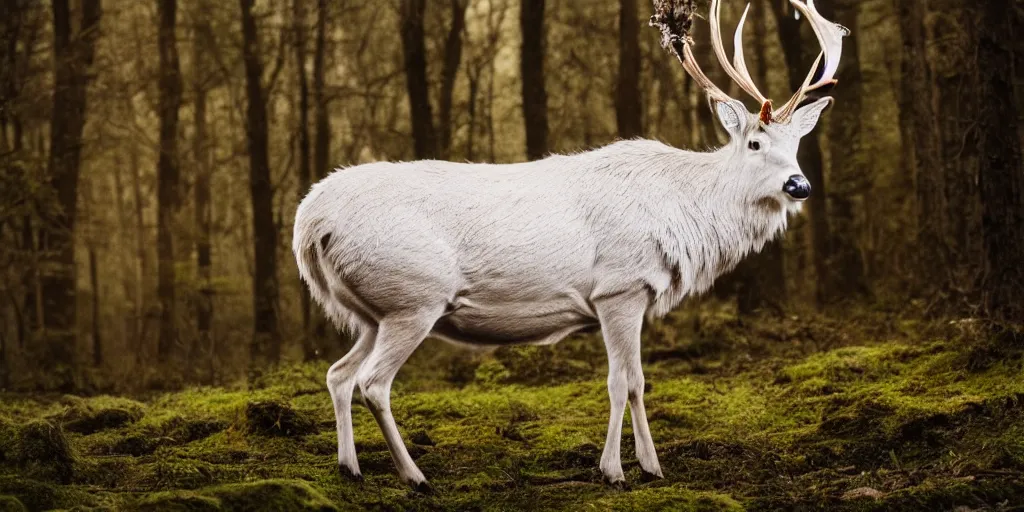 Prompt: king of the forest, a white stag, beautiful, fantasy, hyper realistic, dramatic lighting, cinematic, 35mm lens, 8k,