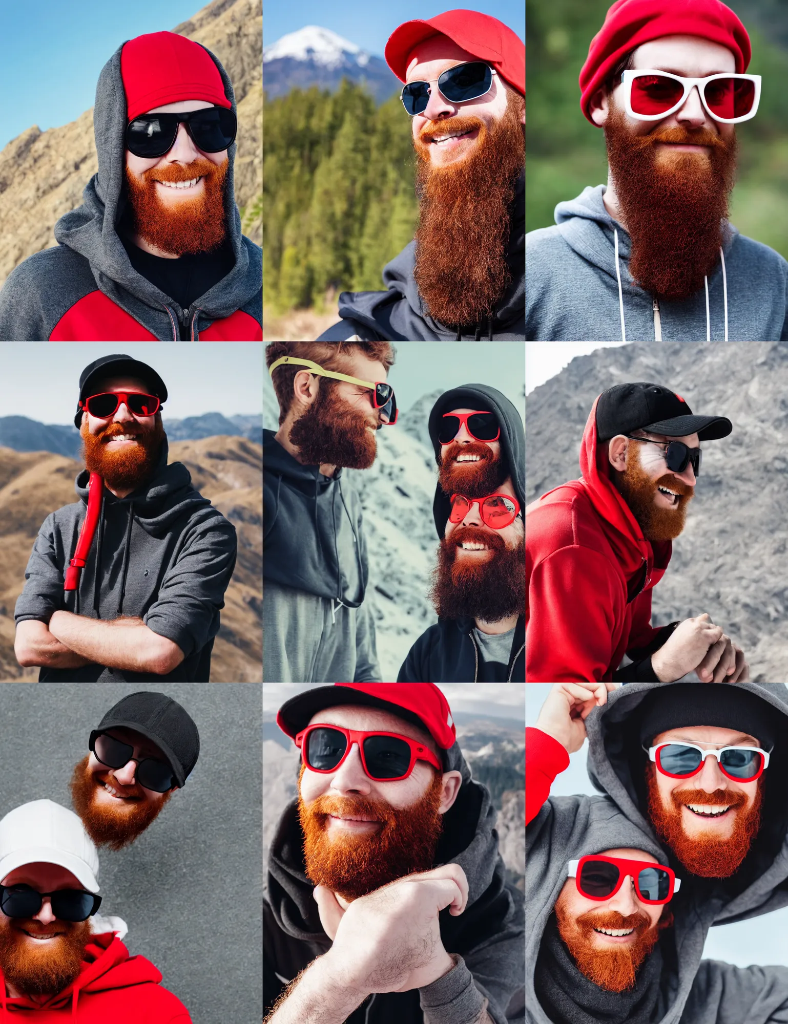 Prompt: red bearded engineer with sunglasses and black cap and hoody, mountain, smiley profile, white skin, centred, high detailed