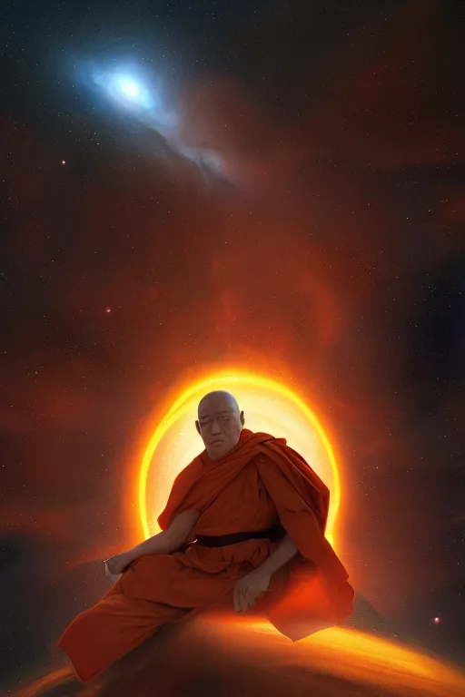 Image similar to portrait of a monk in a spaceship, looking at a nebula, orange robe, dramatic lighting, artstation, matte painting, ralph mcquarrie