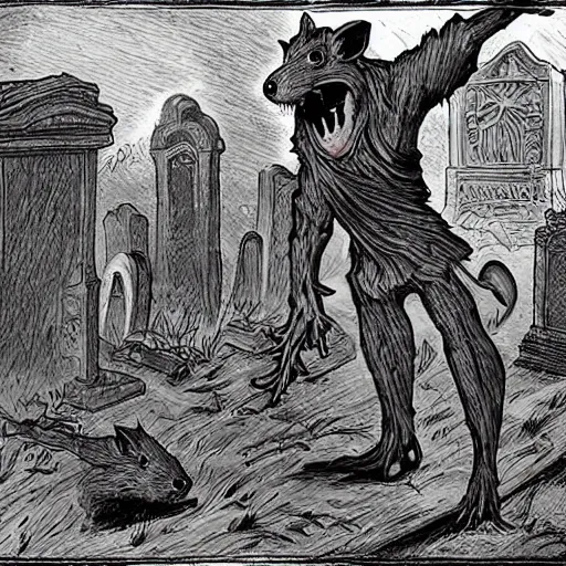 Prompt: a necromancer rat raising bodies from a graveyard, horror, detailed, full body, realistic