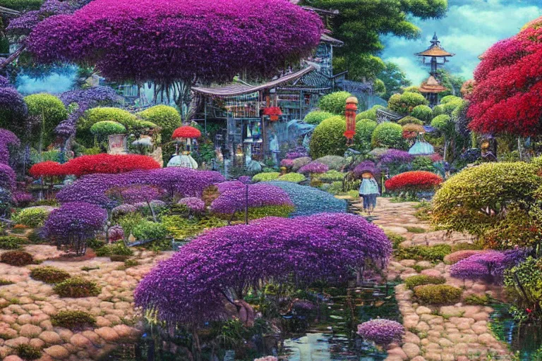 Image similar to oil painting, super - detailed scene spirited away, cyberpunk garden, agbogbloshie, indigo blooming flowers garden, japanese sci - fi books art, artwork by jean giraud, hd, 4 k, high quality