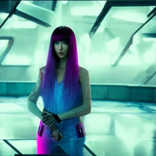 Image similar to joi from blade runner 2 0 4 9 as a giant pink translucent hologram with blue hair, neo - noire