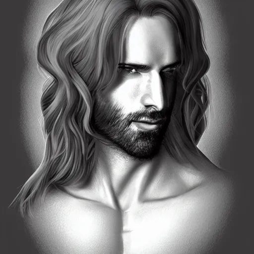 Image similar to portrait of a handsome male ship captain with long red hair!!!!!!, 30 years old, bashful, upper body, ethereal, muscular, friendly, playful, D&D, hairworks, Unreal 4, fantasy, elegant, highly detailed, digital painting, hairworks, deviantart, artstation, concept art, sharp focus, dramatic lighting, illustration, art by Artgerm and Greg Rutkowski and Alphonse Mucha