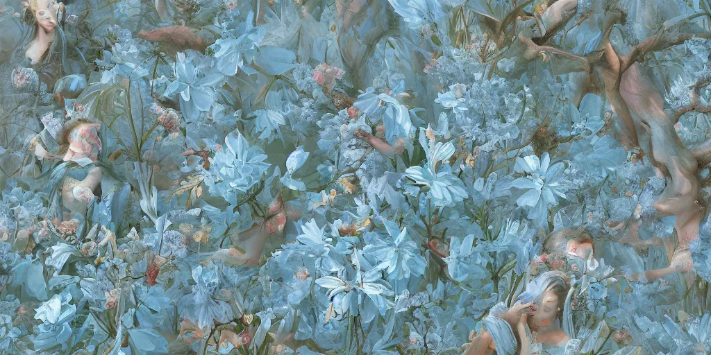 Prompt: breathtaking detailed concept art painting pattern of blend goddesses of light blue flowers with anxious piercing eyes and flowers and fruits and birds, by hsiao - ron cheng and beto val and john james audubon, bizarre compositions, exquisite detail, extremely moody lighting, 8 k