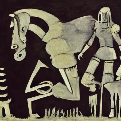 Prompt: shadow of the colossus secene, el guernica painting style,