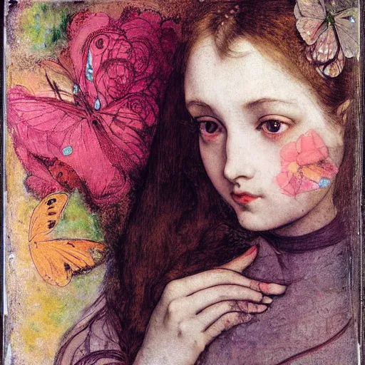 Prompt: a beautiful young lady with huge bright silver eyes, background of flowers and butterflies, daguerreotype by pontormo, by gustave moreau, by Mackintosh, by schiele, art noveau, highly detailed, strong lights, liminal, eerie, Bright pastel colors