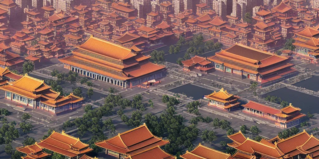 Image similar to a very high resolution image from a new movie, cyberpunk building and forbidden city, front view, photorealistic, photography, directed by wes anderson